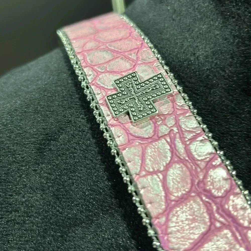 Nocona Genuine Leather lining, pink croc pattern,silver/rhinestone cross buckle